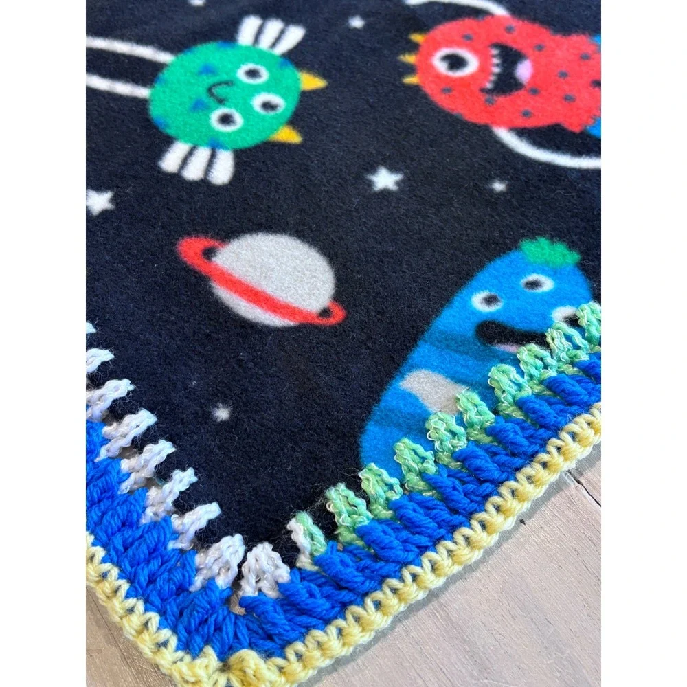 Handmade Space Monsters‎ Fleece Security Blanket Crochet Trim Black 20x20 Lovey